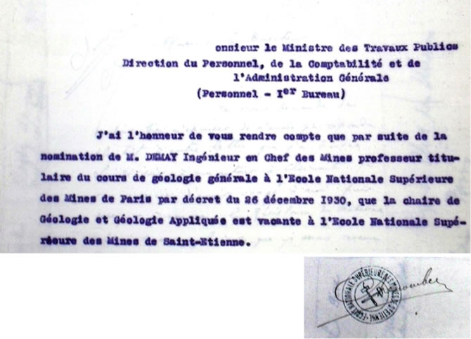 Extrait de la lettre de M. Charles Descombes relatif à la chaire de géologie vacante en 1931 © Archives Départementales de la Loire