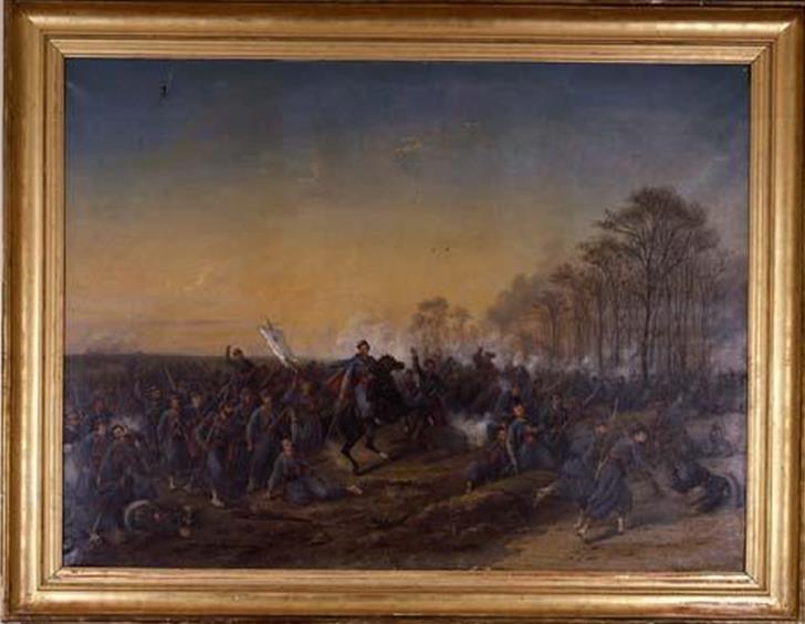 Peinture à l’huile de Jules Duvaux. Le tableau se trouve à la mairie de Janville (Eure-et-Loire). Le service de l’inventaire du patrimoine du conseil régional du Centre décrit ainsi le tableau : « Bataille historique du 2 décembre 1870 dans la plaine de Loigny, un bois au fond à droite. Au centre à cheval, le général baron de Charette, colonel des zouaves pontificaux, à sa droite et portant l’étendard le comte Jacques de Bouillé. Sont également présents : le général de Sonis, comte Henri de Verthamon, comte Fernand de Bouillé, Cazenove de Pradines, Armand du Bourg, Bertrand de Ferron, Joseph Houdet, M. Saulnier, le lieutenant-colonel Troussures, le Père Doussot, dominicain, M. de Villebois, M. de Bellevue, Paul de Foresta, le capitaine de Gastebois, Aymard de Barry, M. Wagner, M. Courdoux, le commandant de Moncuy. » (Ministère de la Culture — base Palissy).