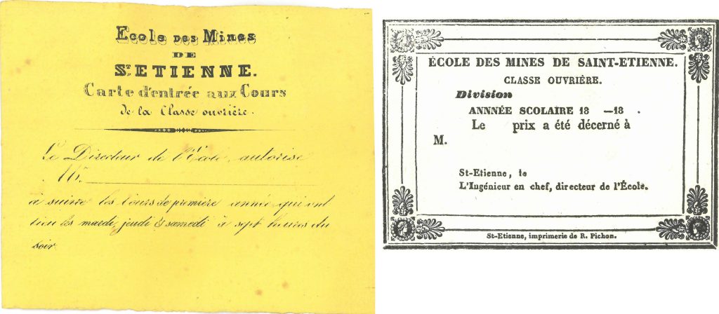 Cours de la classe ouvrière : ticket d’entrée et carte de prix – Archives Départementales de la Loire