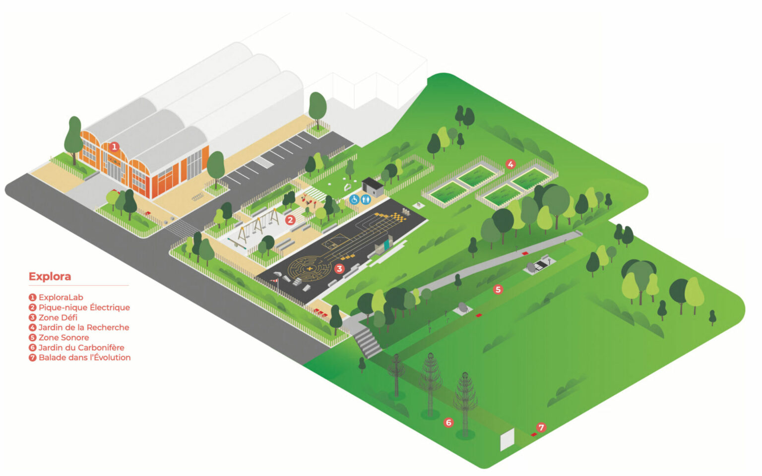 Plan montrant le jardin de la Recherche un espace partagé où le grand public peut accéder librement.