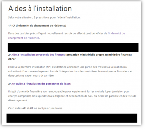 Capture d'écran des pages Intranet de Mines Saint-Étienne qui détaillent les aides à l'installation pour les nouveaux personnels.