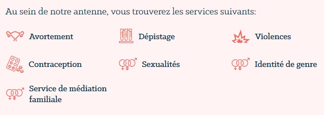 Capture d'écran des services offerts par le planning familial en santé sexuelle et reproductive.