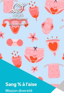 Couverture de la plaquette d'information distribuée chaque année aux étudiants de Mines Saint-Etienne pour leur faire connaitre la programme "Sang % à l'aise".