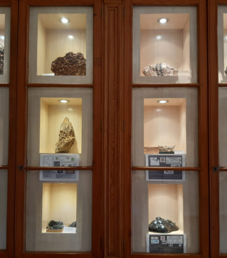 Échantillons de minéraux en vitrine éclairée