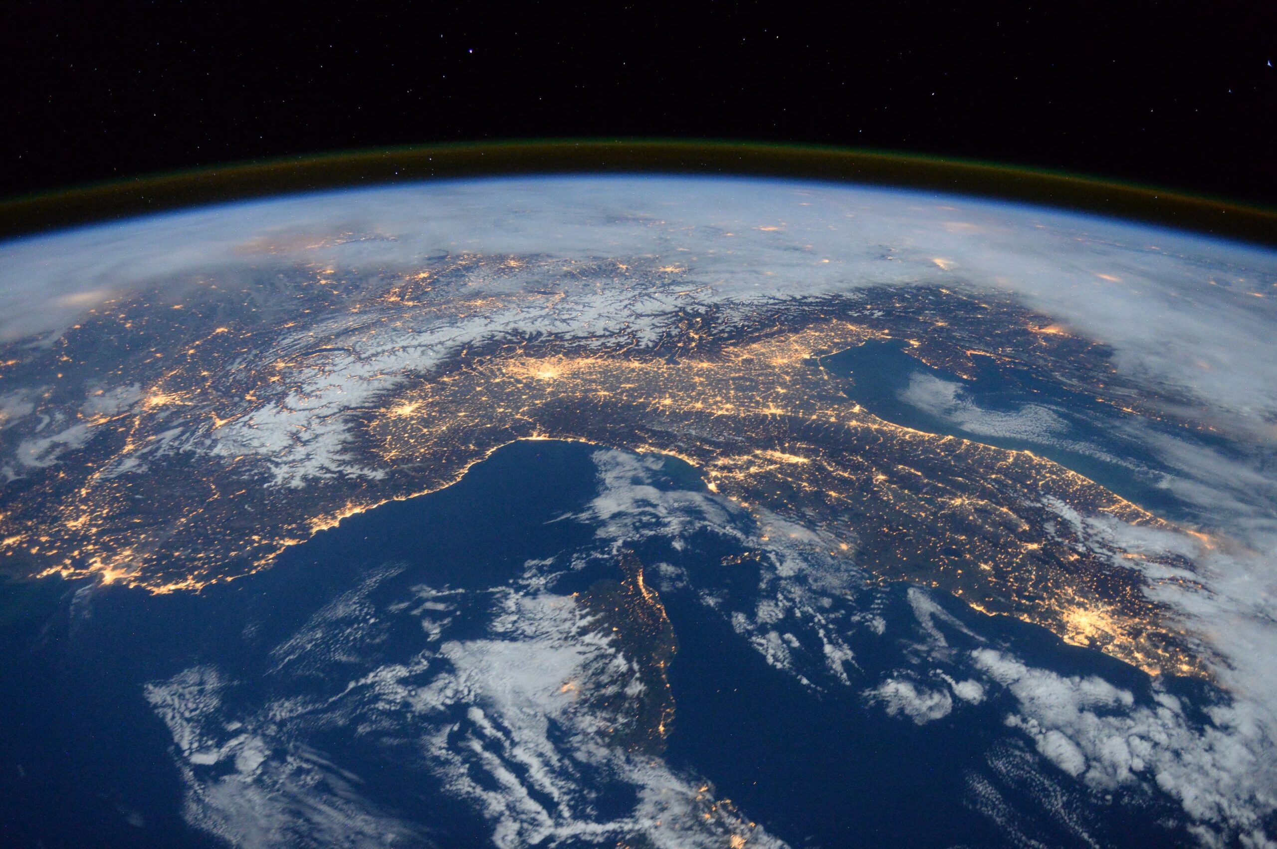 View of Earth from space, showing Europe and the Mediterranean at night