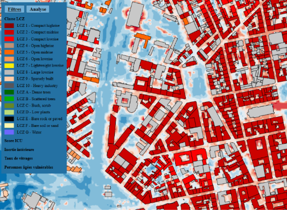 Urban classification map with different colored LCZ zones, indicating building and vegetation types