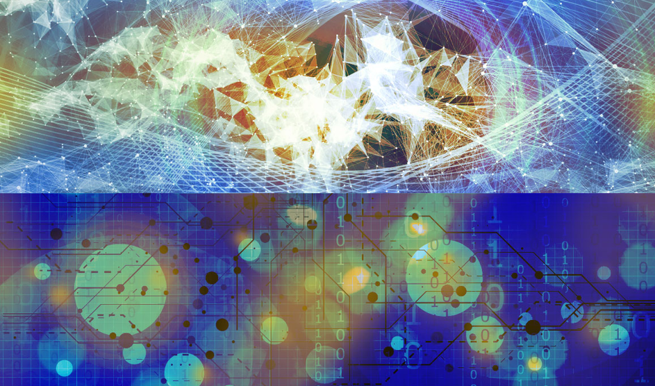 Visualization of digital networks and algorithms, symbolizing the fields of artificial intelligence, data technologies, and computer science research.